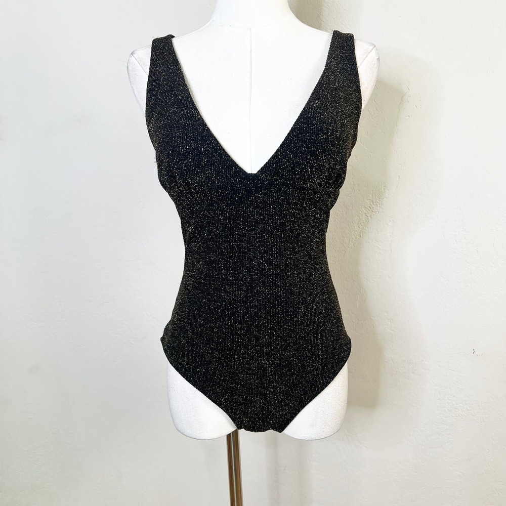 Andie The Mykonos One Piece Swimsuit V-Neck Black Gold Metallic Shimmer Small‎